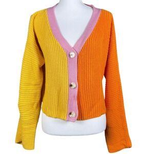 Line & Dot Colorblock V Neck‎ Cardigan Sweater Yellow Orange Pink Size S